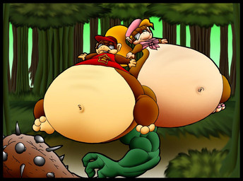 anthro belly big_belly club_(weapon) female forest group huge_belly male melee_weapon morbidly_obese obese outside overweight plant simple_background sitting sitting_on_another tree trio weapon virus-20 donkey_kong_(series) nintendo diddy_kong dixie_kong klubba haplorhine kremling mammal monkey primate scalie 2010