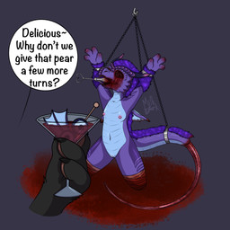 amputated amputated_legs amputee anthro bandaged_stump blood blood_from_eye blood_in_mouth blood_spatter blood_splatter bloody_tears bodily_fluids bound chain chained cocktail_garnish cocktail_glass container cuff_(restraint) cup degloved degloved_tail disability disembodied_hand drinking_glass duo empty_eye_sockets eye_removal eye_socket eyeball female fin finger_removal fluffy_arms genitals glass glass_container glass_cup gore gore_focus horn membrane_(anatomy) membranous_wings missing_all_legs missing_leg missing_limb mohawk nipples notched_wings pear_of_anguish restraints ripped_skin scales solo_focus surgical_suture tail tail_cuff tears text torture torture_device ventral_scales vulva wing_amputation wings young m1lkb4rk mythology embrya_(ransiel) dragon mythological_creature mythological_scalie scalie 1:1 english_text hi_res