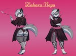 anthro big_butt butt clothed clothing cocky femboy front_view fur grey_body grey_fur hair looking_at_viewer looking_back male pose simple_background solo tail text thick_thighs weapon white_body white_fur wide_hips mara_the_ravenous zahara(ninyeen) canid hyena mammal digital_media_(artwork) hi_res