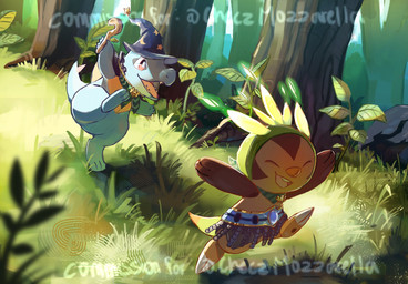 ambiguous_gender anthro blue_body brown_body claws clothing duo eyes_closed fangs forest grass hat headgear headwear open_mouth plant red_eyes staff tail teeth text tongue tree wizard_hat chufflepop nintendo pokemon pokemon_mystery_dungeon spike_chunsoft chespin crocodilian generation_2_pokemon generation_6_pokemon pokemon_(species) reptile scalie totodile 2025 digital_media_(artwork) english_text hi_res