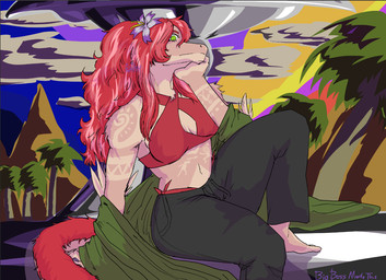 accessory anthro arm_tattoo belly_tattoo big_breasts biped black_bottomwear black_clothing black_pants bottomwear bra breasts clothed clothed_anthro clothed_female clothing cloud detailed_background feet female fingers flower flower_in_hair green_eyes hair hair_accessory humanoid_feet humanoid_hands long_hair looking_at_viewer mountain navel neutral_expression non-mammal_breasts non-mammal_navel one_leg_up outside palm_tree pants plant plantigrade pose raised_leg red_bra red_clothing red_hair red_underwear shoulder_tattoo sitting sky sling_bra solo tail tan_body tattoo text toes tree underwear kellyharry6969 cavemanon_studios volcaldera_ashfall ashley_(volcaldera_ashfall) dinosaur dromaeosaurid prehistoric_species reptile saurischian scalie theropod artist_name colored shaded