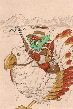 bridle feral mount reins riding saddle run_rabbit_bounce final_fantasy gobtober gobtober_2022 square_enix cowpoke_(final_fantasy) avian bird chicken chocobo galliform goblin humanoid phasianid hi_res