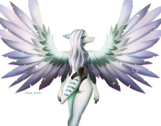 alternate_costume anthro biped black_clothing black_leotard blue_body bone_frill butt clothed clothed_anthro clothed_female clothing feathered_wings feathers female fingers frill_(anatomy) frown grey_body grey_feathers grey_hair hair head_turned humanoid_hands leotard long_hair looking_aside markings orange_eyes rear_view simple_background solo sparkles spread_wings standing striped_markings stripes tail text white_background wings lenu_neru goodbye_volcano_high ko_op_(game_developer) fang_(gvh) prehistoric_species pterosaur reptile scalie 2024 artist_name colored hi_res