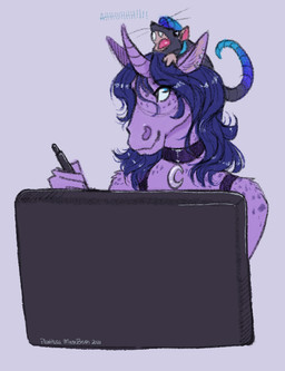 anthro choker clothing collar dappled_fur duo electronics fangs female fur hair horn jewelry monitor necklace purple_body purple_fur purple_hair stylus teeth phathusa hasbro my_little_pony mythology fan_character moonbrush_(phathusa) american_opossum equid equine mammal marsupial mythological_creature mythological_equine unicorn virginia_opossum