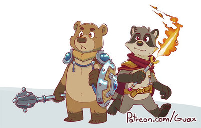 anthro belt black_pawpads brown_body brown_fur dagger duo fire fur holding_object holding_weapon humanoid_hands male melee_weapon pawpads shield sword text weapon guaxraccoon guax mockthebear bear mammal procyonid raccoon 2019 url