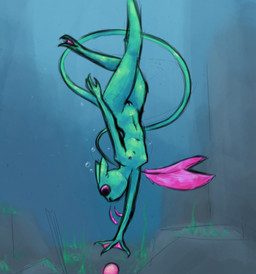 anthro blue_body breasts feet female fur genitals gills membrane_(anatomy) nipples nude simple_background small_breasts solo tail toes vulva webbed_feet webbed_hands alexleviafan rain_world videocult rivulet_(rain_world) felid mammal slugcat digital_media_(artwork)