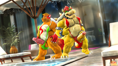 3_toes anthro armband balls bed big_balls big_penis bodily_fluids bracelet chair claws clothing collar curtains duo fangs feet furniture genital_fluids genitals hair huge_balls huge_penis humanoid_genitalia humanoid_penis ineffective_clothing jewelry light logo lounge_chair male male/male musclegut muscular one-piece_swimsuit orange_body penis penis_poking_out plant plant_pot pool poolside precum public public_nudity red_hair sharp_teeth shell sling_bikini spiked_armband spiked_bracelet spiked_collar spiked_shell spikes spikes_(anatomy) sunlight swimwear teeth toes tongue tongue_out umbrella white_claws yellow_body moonwulf mario_bros nintendo bowser moonwulf_(character) dragon_koopa hybrid scalie 2025 3d_(artwork) digital_media_(artwork) hi_res source_filmmaker_(artwork)