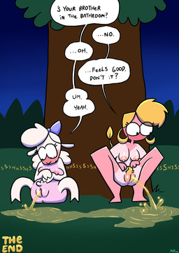 anthro anus areola blonde_hair blonde_pubes blue_bow blue_ribbon blush bodily_fluids bow_ribbon breasts dialogue duo embarrased_horny embarrassed farmer farmer's_tan female freckled_breasts freckled_face freckled_shoulders freckles fur genital_fluids genitals hair nervous nipples nude nude_anthro nude_female nude_human outside peeing peeing_outdoor peeing_outside piss_puddle plant ponytail pubes public_urination puddle sheared speech_bubble steam suntan tan_line text tree urine urine_stream vulva watersports white_body white_fur white_wool wool_(fur) theenfman thepnfman ewenice sunny_(theenfman) bovid caprine human mammal sheep comic digital_media_(artwork) english_text hi_res