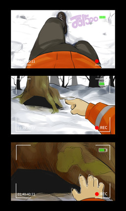 anthro first_person_view gesture hand_gesture male pointing recording snow solo walking 1500jiangbao absurd_res comic hi_res
