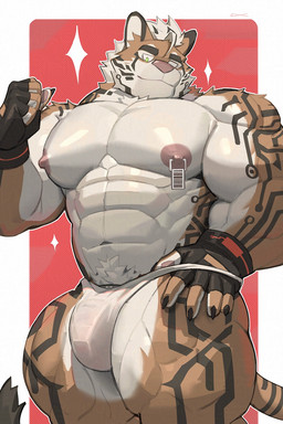 abs ahoge anthro barazoku barcode biceps big_muscles big_pecs briefs bulge chastity_bulge chastity_cage chastity_cage_outline chastity_device circuit_markings clothed clothing facial_markings fingerless_gloves gloves hair handwear head_markings looking_at_viewer looking_down looking_down_at_viewer low-angle_view male markings mostly_nude muscular muscular_arms muscular_legs muscular_male navel nipple_piercing nipple_ring nipples pecs piercing pubes ring_piercing smile solo standing stripes tail tail_tuft thong tuft underwear underwear_only uriex felid mammal pantherine tiger 2:3 hi_res