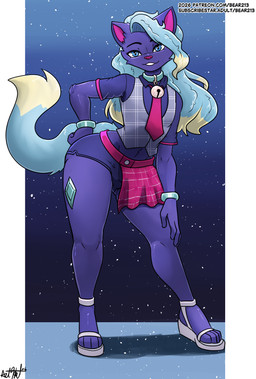 anthro big_butt blue_body blue_hair butt clothed clothing dress femboy footwear hair long_hair male pose sandals shoes solo text thick_thighs bear213 felid feline mammal 2026 hi_res url