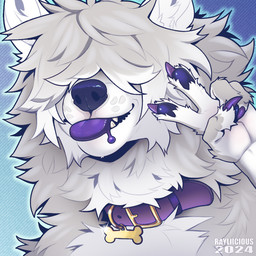 anthro blep blue_nose blue_pawpads cheek_tuft claws collar facial_tuft fingerpads front_view fur gesture hair hair_over_eyes hand_gesture male male_anthro messy_hair neck_tuft obscured_eyes pawpads purple_claws purple_collar purple_tongue short_hair simple_background solo tongue tongue_out tuft v_sign white_body white_fur white_hair rayliicious canid canine mammal 1:1 2024 bust_portrait dated icon portrait signature