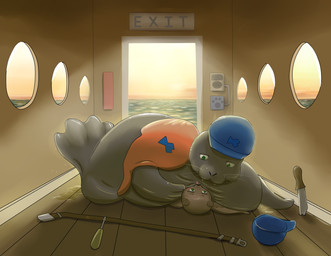 armor belt clothing duo evening exit_sign female female/female feral green_eyes hard_hat headgear helmet love orange_clothing orange_topwear orange_vest overweight screwdriver sea squish tool_belt tools topwear under_belly vest water window mewscaper aquatic mammal mustelid otter pinniped sea_otter seal 2017 absurd_res hi_res