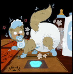 ambiguous_gender angry baby_bottle baby_powder bib big_diaper black_border blue_clothing blue_footwear blue_headwear blue_pacifier blush blush_lines bonnet booties border brown_body brown_fur brown_tail card clean_diaper clothed clothing container cross-popping_vein detailed_background diaper feral footwear fur furniture glowing glowing_eyes headgear headwear heart_symbol milk no_pupils object_in_mouth pacifier pacifier_in_mouth solo table tail wearing_diaper white_diaper tenerius inscryption stoat_(inscryption) mammal mustelid musteline stoat true_musteline weasel absurd_res hi_res