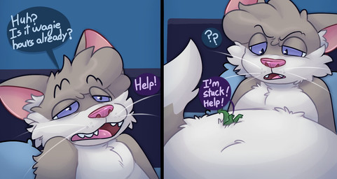 anthro bed belly big_belly blue_background blue_eyes duo fur furniture grey_body grey_fur male micro overweight simple_background speech_bubble text denaturedalbumin american_mythology mythology denatured_albumin_(character) chupacabra domestic_cat felid feline felis mammal 2025 hi_res