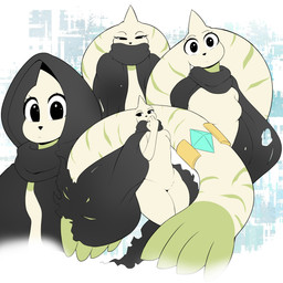 anthro big_ears breasts cloak clothed clothing ear_hands ear_piercing ear_ring featureless_breasts featureless_crotch female fur head_tilt hood horn looking_at_viewer looking_away piercing ring_piercing simple_background solo thick_thighs torn_clothing white_body white_fur wide_hips blazethefox bandai_namco digimon terri_(blazethefox) digimon_(species) terriermon 1:1 2026 absurd_res hi_res multiple_images