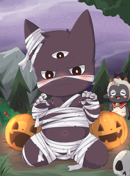 3_eyes 4_fingers ambiguous_anthro ambiguous_gender anthro bell biped black_body black_ears black_fur blood blush blush_lines blush_stickers bodily_fluids bone bulge cape clothed clothing detailed_background duo fingers forest front_view fur gesture hand_gesture head_tuft holidays horn humanoid_hands jack-o'-lantern kemono kneeling looking_at_viewer male male_anthro male_focus monotone_body monotone_fur mountain multi_eye multicolored_body multicolored_fur mummy_costume mummy_wrappings navel night nipples nosebleed open_mouth open_smile outside pink_nipples plant pupils red_cape red_clothing red_eyes shrub skull sky smile solo_focus star starry_sky thumbs_up tree tuft two_tone_body two_tone_fur white_body white_fur white_pupils wool_(fur) young young_anthro young_male toruu cult_of_the_lamb halloween massive_monster_(studio) lamb_(cult_of_the_lamb) narinder red_crown_(cult_of_the_lamb) bovid caprine domestic_cat felid feline felis mammal sheep 2024 absurd_res colored digital_media_(artwork) hi_res portrait three-quarter_portrait