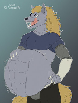 abs anthro anthro_pred asian_clothing belly big_belly black_nose blonde_hair bottomwear bulge claws clothing east_asian_clothing fangs fundoshi fur grey_body grey_fur hair hand_on_belly hand_on_hip huge_belly japanese_clothing licking licking_lips long_hair male male_pred musclegut muscular open_mouth overweight pants same_size_vore shake_lines sharp_teeth spikes spikes_(anatomy) tail teeth tongue tongue_out underwear vore silvergrin hunter_x_hunter welfin_(hunter_x_hunter) canid canine canis chimera_ant hybrid mammal wolf hi_res