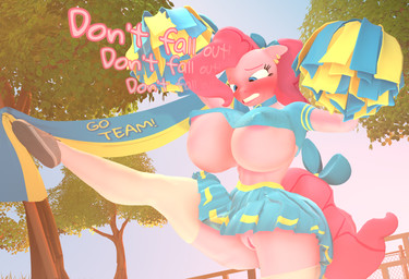 accessory anthro anthrofied big_breasts blue_eyes blush bottomwear bow_ribbon breasts cheerleader cheerleading_pose clenched_teeth clothing collar dialogue ear_piercing embarrassed female footwear furgonomics genitals hair_accessory hair_bow hair_ribbon huge_breasts legwear miniskirt nipple_outline piercing pom_poms pose raised_leg repeated_dialogue repeated_text ribbons shoes skirt solo stockings tail tail_accessory tail_bow tail_ribbon teeth text thigh_highs under_boob vulva purplefondue friendship_is_magic hasbro my_little_pony pinkie_pie_(mlp) earth_pony equid equine horse mammal pony 3d_(artwork) digital_media_(artwork) english_text hi_res