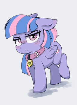 bdsm blush collar cutie_mark female feral frown furrowed_eyebrows petplay pouting purple_body purple_eyes quadruped roleplay simple_background solo two_tone_tail wings young young_female young_feral zzzsleepy friendship_is_magic hasbro my_little_pony mythology wind_sprint_(mlp) equid equine mammal mythological_creature mythological_equine pegasus hi_res