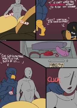 ?_face anthro beak big_breasts big_butt breasts butt collar dialogue dildo female huge_butt larger_female male male/female nipples non-mammal_breasts non-mammal_nipples sex_toy size_difference smaller_male text elektr0 amilia_"robin"_hoch anon topaz_(elektr0) avian bird canid canine canis domestic_dog human mammal absurd_res comic english_text hi_res