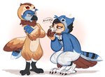 amber_eyes angry blue_body blue_feathers clothing crouching duo feathers female kigurumi laugh male male/female onesie red_eyes size_difference tan_body tan_feathers orlandofox james_(bluepegasi) miya_(bluepegasi) avian bird blue_jay corvid jay_(bird) new_world_jay oscine owl passerine tyto tytonid 2021 hi_res