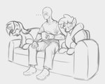 5_fingers bald coffee_mug ellipsis feathered_wings feathers female feral fingers furniture group horn male on_sofa open_mouth open_smile short_mane sitting smile sofa trio unicorn_horn wings ather_os friendship_is_magic hasbro my_little_pony mythology amethyst_star_(mlp) anon rainbowshine_(mlp) equid equine human mammal mythological_creature mythological_equine pegasus unicorn 2024 absurd_res black_and_white hi_res monochrome sketch