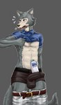 anthro balls_outline belt blush bodily_fluids breath bulge clothed clothing detailed_bulge erection erection_under_clothing genital_outline genitals humanoid_genitalia humanoid_penis male panting partially_clothed penis penis_outline sideways-pointing_bulge solo sweat underwear theoraclefolf beastars shampoo_challenge legoshi_(beastars) canid canine canis mammal wolf absurd_res hi_res meme