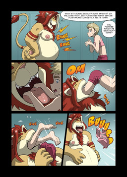 anthro anthro_pred belly big_belly burping burping_up_clothing dialogue duo head_first human_prey locker locker_room male male/male male_pred nipples nude nude_pred oral_vore size_difference struggling struggling_prey teeth text tongue vore varu_(artist) felid human lion mammal pantherine colored comic english_text hi_res