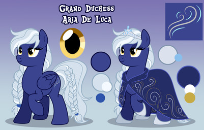 blue_body braided_hair cloak clothing crown cutie_mark eyelashes eyeshadow feathered_wings feathers female hair headgear makeup regalia silver_mane silver_tail solo tiara wings yellow_eyes nika-rain hasbro my_little_pony mythology grand_duchess_aria_de_luca_(captain_tyler) equid equine mammal mythological_creature mythological_equine pegasus absurd_res hi_res model_sheet