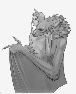 anthro arm_tuft bat_ears bat_nose breasts cuddling duo elbow_tuft female hug hugging_another hugging_from_behind larger_anthro larger_female male neck_tuft nipples nude rubbing_cheek size_difference smaller_human smaller_male standing tuft winged_arms wings tertia_decima elena_(validheretic) bat human leaf-nosed_bat mammal microbat vampire_bat yangochiropteran hi_res monochrome