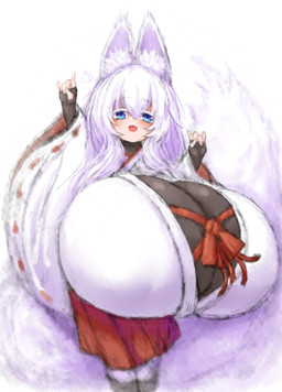 big_breasts big_tail blue_eyes breasts clothing fangs female hair huge_breasts huge_tail hyper hyper_breasts open_mouth simple_background smile solo standing tail teeth white_hair 2b-ge animal_humanoid canid canid_humanoid canine canine_humanoid fox_humanoid humanoid mammal mammal_humanoid character_request hi_res