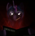 book dark female feral front_view fur glowing hair horn mouth_hold multicolored_hair parody pencil_(object) purple_body purple_fur purple_hair quadruped reading solo text two_tone_hair lkittytaill death_note friendship_is_magic hasbro my_little_pony mythology light_yagami twilight_sparkle_(mlp) equid equine mammal mythological_creature mythological_equine unicorn bust_portrait digital_media_(artwork) hi_res portrait url