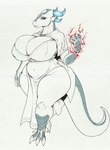 anthro big_breasts breasts cape cleavage clothed clothing curvy_figure dress energy female huge_breasts navel_outline pelvic_curtain solo tail thick_thighs voluptuous waist_belt longinius mythology dragon mythological_creature mythological_scalie scalie 2023 absurd_res hi_res traditional_media_(artwork)