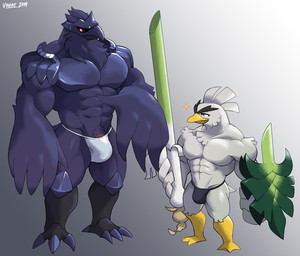 abs anthro anthrofied bulge clothing duo genitals male melee_weapon muscular muscular_male pecs penis penis_base pokemorph shield simple_background standing sword thong underwear weapon voviat nintendo pokemon avian bird corvid corviknight generation_8_pokemon oscine passerine pokemon_(species) sirfetch'd 2019 hi_res