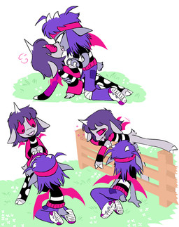 1_horn 2_horns 3_fingers 4_fingers accessory anthro arm_support aroused bent_over black_eyes blush bodily_fluids bottomless bottomwear clothed clothing clothing_lift cunnilingus dress duo eye_contact female female/female fence fingers flower footwear freckles fur genital_fluids genitals grass grey_body grey_fur hair hand_holding hand_on_another's_back headband hooves horn hypnosis implied_cunnilingus implied_oral kissing knee_pads leaning leaning_backward leg_grab looking_at_another looking_down looking_down_at_partner looking_pleasured medium_hair membrane_(anatomy) membranous_wings mind_control motion_lines oral outside pants pattern_clothing pattern_dress plant polka_dot_legwear purple_hair red_sclera sex shirt shoes simple_background sitting skirt skirt_lift spiral spiral_eyes standing striped_clothing striped_dress stripes t-shirt tail teeth tongue tongue_out topwear vaginal vaginal_fluids vulva white_background wide_stance wings wristband young young_anthro young_female young_on_young bwrd alexis_(corn_kidz_64) ally_(final_freekend) bovid caprine caprine_demon demon goat goat_demon mammal 2024 hi_res