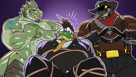 anthro barazoku belt bound group male male/male muscular pecs tail teeth trio mache_art bandit_(banditstavern) erenok_(kilyion) invader_(invaderthegator) alligator alligatorid aquatic crocodilian fish lizard reptile scalie 16:9 hi_res widescreen