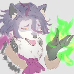 5_fingers anthro clothing colored_fire eyewear fancy_clothing fingers fire fur gloves green_fire hair handwear male monocle multicolored_body multicolored_fur open_mouth purple_body purple_fur purple_hair simple_background solo teeth tongue topwear two_tone_body two_tone_fur white_body white_fur yellow_eyes meroon1018 compass_(combat_providence_analysis_system) charles_richter_(compass) canid canine canis mammal wolf 2026 hi_res