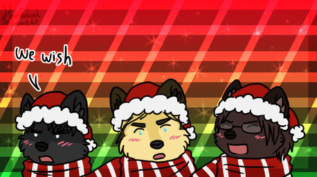 ambiguous_gender black_body black_fur blue_eyes blush brown_body brown_fur christmas_clothing christmas_headwear clothing dialogue feral feralized fur group hat headgear headwear holidays quadruped santa_hat scarf sharing_clothing sharing_scarf trio yellow_body yellow_fur ouivon attack_on_titan christmas erwin_smith hange_zoe levi_ackerman canid canine canis mammal wolf 2013 animated