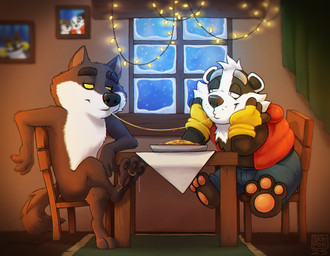 3_toes anthro black_body black_fur black_nose chair christmas_decorations christmas_lights clothed clothing crossed_legs curtains detailed_background duo eating eye_contact eyebrows feet food food_on_body food_on_feet fur furniture half-closed_eyes head_on_hand inside lights looking_at_another male male/male narrowed_eyes nude pasta pawpads picture_frame plate sharing_food short_male sitting slightly_chubby slightly_chubby_male smile snow snowing spaghetti string_lights table tail toes wall_(structure) white_body white_fur window winter yellow_sclera skaifox bradley_the_badger_(game) intermarche_unloved bradley_(bradley_the_badger) the_first_wolf_(unloved) badger canid canine canis fox mammal mustelid musteline wolf 2025 crossover hi_res