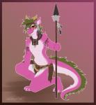 anthro border bottomwear clothed clothing countershading feathers fur gradient_background green_hair grey_body grey_feathers hair horn jewelry loincloth melee_weapon necklace pink_body pink_fur polearm red_eyes simple_background spear tail tongue weapon white_body white_countershading sootsprite mythology diandre dragon furred_dragon furred_scalie mythological_creature mythological_scalie scalie 2017