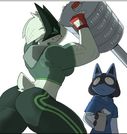 anthro biceps blue_body blue_clothing blush bodily_fluids bottomwear butt clothed clothing duo exercise female fingerless_gloves fur gloves green_body green_bottomwear green_clothing green_pants handwear holding_object larger_anthro larger_female male muscular muscular_female pants red_clothing red_gloves red_handwear simple_background size_difference smaller_anthro smaller_male spikes sweat tail teeth text topwear weightlifting white_background workout arzy_parzy nintendo pokemon generation_4_pokemon generation_9_pokemon lucario meowscarada pokemon_(species) english_text hi_res