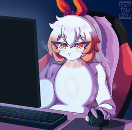 amber_eyes anthro areola big_breasts blush bodily_fluids breast_play breast_suck breastfeeding breasts casual_nudity chair computer_mouse electronics female female_anthro fur furniture gaming gaming_chair hair huge_breasts keyboard lactating monitor nude nude_anthro nude_female on_chair red_hair_tips self_suckle sitting sitting_on_chair solo steam sucking white_body white_fur white_hair cattowsky lagomorph leporid mammal rabbit colored digital_media_(artwork) hi_res shaded