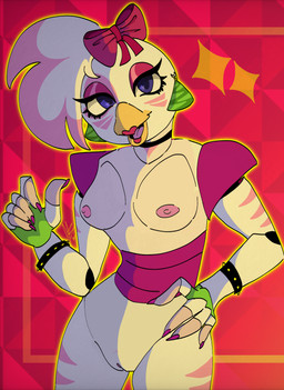 anthro areola beak beakstick breasts choker clothing colored_nails ear_piercing eyeshadow facial_markings female fingerless_gloves front_view furgonomics genitals gloves green_clothing green_gloves green_handwear hand_on_hip handwear head_feathers head_markings head_tuft jewelry lipstick looking_at_viewer machine makeup markings nails necklace nipples nude open_mouth piercing pink_areola pink_bow pink_eyeshadow pink_lipstick pink_nails pink_nipples pink_stripes purple_eyes shoulder_pads small_breasts solo stripes thick_thighs tuft vulva white_body wide_hips tehesillyboi five_nights_at_freddy's five_nights_at_freddy's:_security_breach scottgames steel_wool_studios glamrock_chica animatronic avian bird chicken galliform phasianid robot hi_res