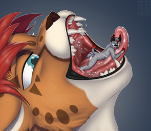 anthro bodily_fluids macro male male_pred male_prey micro mouth_shot open_mouth oral_vore saliva tongue vore willing_prey joooon cheetah felid feline lynx mammal hi_res
