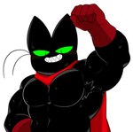 anthro armpit_hair biceps black_body black_fur blush bodily_fluids body_hair cape clothing fur gloves green_eyes handwear male muscular muscular_male pecs sharp_teeth smile solo sweat teeth whiskers oyasmis cartoon_network mao_mao:_heroes_of_pure_heart sheriff_mao_mao_mao domestic_cat felid feline felis mammal hi_res