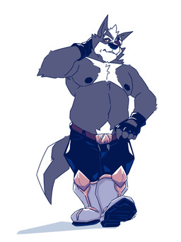 anthro armor belly big_belly black_bottomwear black_clothing black_gloves black_handwear black_nipples black_nose black_pants bottomwear chest_tuft clothed clothing front_view fur gloves grey_body grey_fur handwear male moobs nipples overweight overweight_anthro overweight_male pants simple_background solo standing topless tuft white_background white_body white_fur chocolateandmilk nintendo star_fox wolf_o'donnell canid canine mammal full-length_portrait hi_res portrait