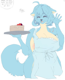 5_fingers anthro apron apron_only areola bite_mark blue_body blue_fur blue_hair cake clothing dessert dialogue eyes_closed female fingers food fur hair holding_cake holding_food holding_object short_hair smile solo tail text corablue maku_(maku450) canid canine canis mammal wolf 2026 english_text hi_res
