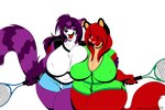 anthro big_breasts bottomwear breast_squish breasts breasts_frottage clothing duo female fur hair huge_breasts markings mole_(marking) multicolored_body multicolored_fur nipple_outline open_mouth purple_body purple_eyes purple_fur purple_hair red_body red_fur shirt shorts squish tennis_racket text thick_thighs topwear two_tone_body two_tone_fur deonwolf ruby_(deonwolf) shina_(daigo) canid canine fox mammal procyonid raccoon 2009 digital_media_(artwork) english_text flat_colors hi_res