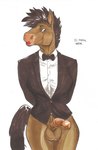 animal_genitalia animal_penis anthro balls bottomless bow_tie clothed clothing equine_genitalia equine_penis formal_wear genitals gynomorph hands_behind_back intersex lipstick looking_at_viewer makeup penis solo hym_(artist) equid equine horse mammal